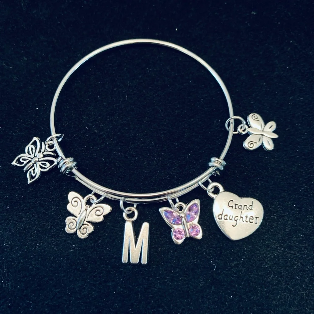 Butterflies “granddaughter” themed bangle bracelet personalized